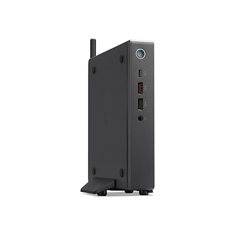 Schwarzer Mini-PC mit Antenne, USB-Anschlüssen, Audioanschluss und Ein-/Aus-Taste.