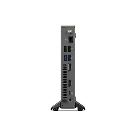 Grauer Mini-PC, seitlich betrachtet. Rückseite mit Anschlüssen, u.a. HDMI, USB, LAN, und Antennenanschluss. Steht auf einem schwarzen Ständer.