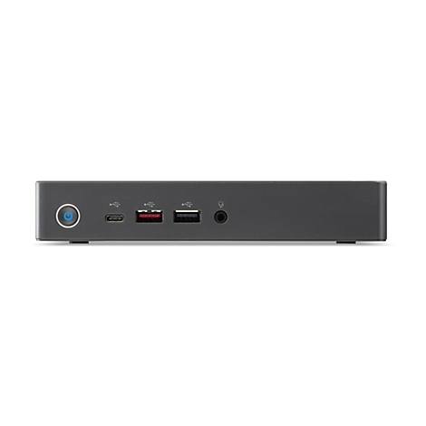 Dunkelgrauer, rechteckiger Computer mit verschiedenen Anschlüssen, wie USB und Klinke. Ein blauer Power-Button ist sichtbar.