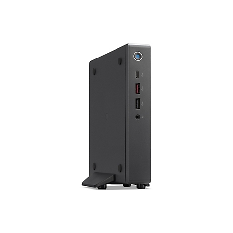 Schwarze Desktop-Dockingstation, Frontansicht, USB-Anschlüsse, Ein-/Aus-Taste, weißer Hintergrund.