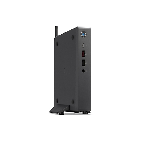 Schwarzer Mini-PC mit Antenne, USB-Anschlüssen und Einschaltknopf mit blauem Licht, leicht angewinkelt auf weißem Hintergrund.