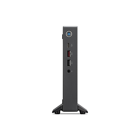 Grauer Mini-PC, Seitenansicht. Mit Anschlüssen, inklusive USB und Audio. Netzschalter mit blauem Licht.