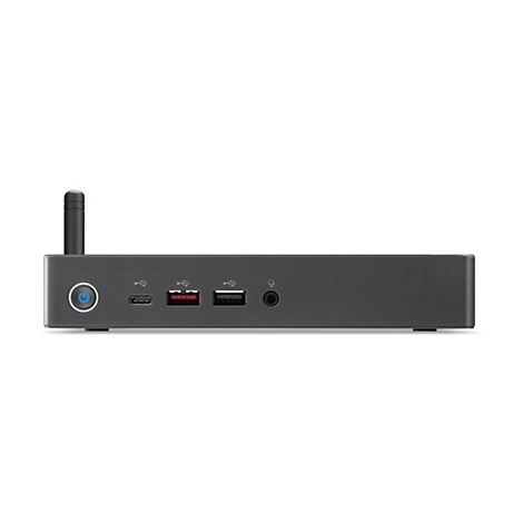 Dunkelgrauer Mini-PC, Frontansicht. Mit Antenne, Power-Knopf, USB-C-, USB-Anschlüssen und Kopfhöreranschluss.