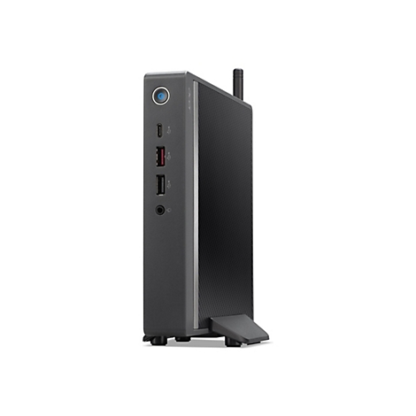 Schwarzer Mini-PC, stehend, mit Ports und Antenne.