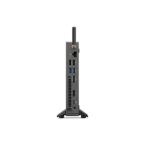 Grauer Mini-PC mit Antenne und Anschlüssen wie USB und HDMI, in Halterung. Rückseite mit Lüftungsschlitzen.