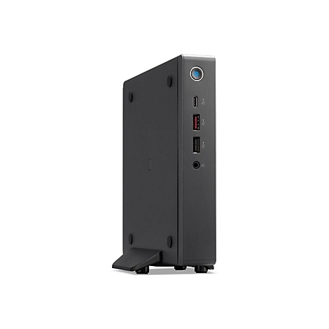 Schwarze Dockingstation mit mehreren Anschlüssen, seitliche Ansicht. USB- und Audioanschlüsse sind sichtbar.