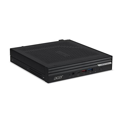 Schwarzer Acer Veriton PC. Auf der Front sind Anschlüsse und das Logo zu sehen.