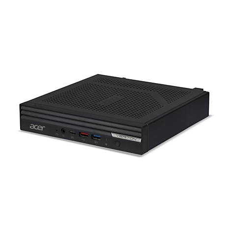 Schwarzer Acer Veriton Mini-PC. Frontseitig Anschlüsse, seitlich Veriton Schriftzug.