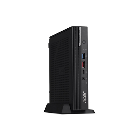 Ein schwarzer Acer Veriton Desktop-PC steht aufrecht vor weißem Hintergrund. Das Gerät ist auf einem Ständer befestigt.