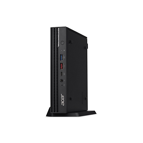 Schwarzer Acer Veriton Desktop-PC, der im Profil steht. Die Vorderseite zeigt Anschlüsse und das Acer Logo.