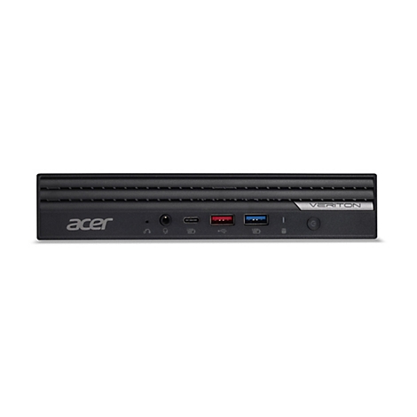 Schwarzer Acer Veriton-PC. Auf der Vorderseite befinden sich Anschlüsse und der Markenname.