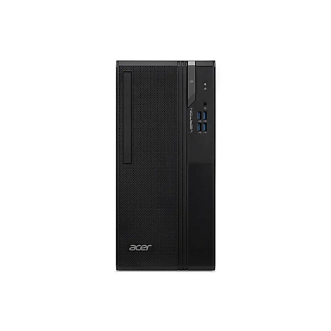 Ein schwarzer Acer Veriton PC-Tower, Frontansicht. Oben rechts: Anschlüsse, Veriton-Schriftzug. Unten links: Acer-Logo.