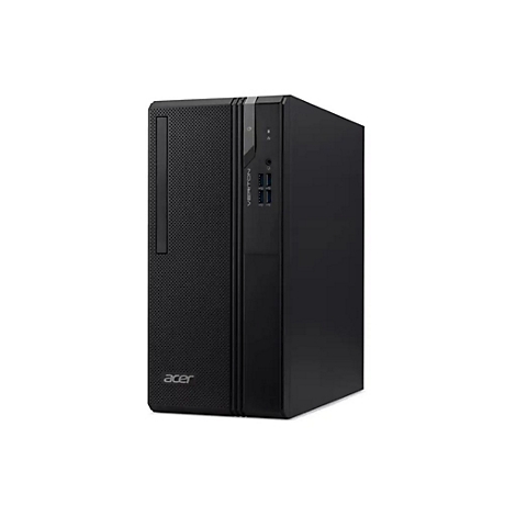 Schwarzer Acer Veriton PC, Frontansicht. Vertikal, mit Anschlüssen, Logo.