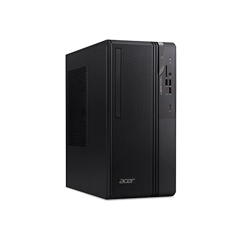 Schwarzer Acer Veriton Desktop-PC Tower mit perforierter Frontblende vor weißem Hintergrund.