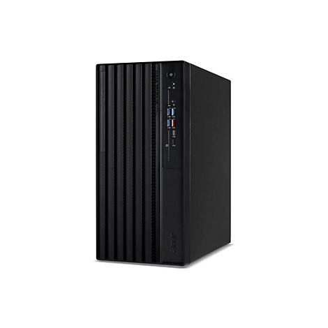 Schwarzer PC-Tower mit Acer-Logo und verschiedenen Anschlüssen an der Vorderseite.