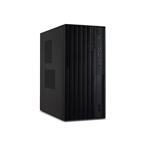 Ein schwarzer Acer-PC-Tower vor weißem Hintergrund. Vertikale Rillen auf der Front. Mit Acer-Logo und 'Veriton Vero' Schriftzug.