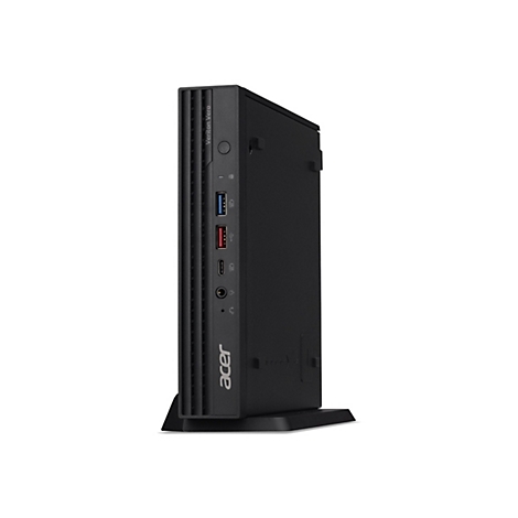 Ein schwarzer Acer Veriton Vero Desktop-PC. Mit Anschlüssen für USB, Audio, Video.