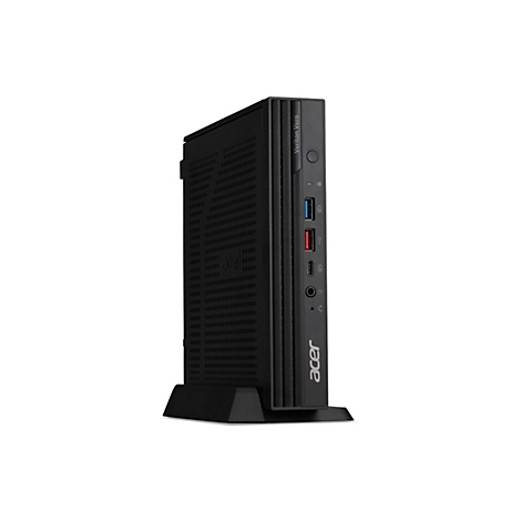 Schwarzer Acer Veriton Vero Desktop-PC, aufrecht auf einem Ständer, vor weißem Hintergrund.