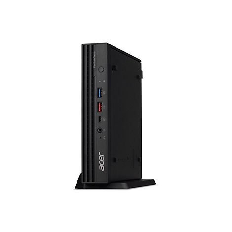 Schwarzer Acer Desktop-PC, aufrecht stehend, mit Verizon Vero Aufdruck. Vorderseite mit USB-Anschlüssen und Kopfhöreranschluss.