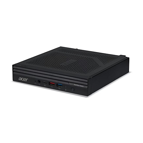 Ein schwarzer Acer Veriton Vero Mini-PC auf weißem Hintergrund. Vorne: Acer-Logo und Anschlüsse. Oben: Lüftungsschlitze.