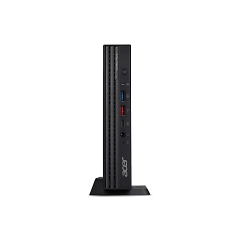 Schwarzer Acer Desktop PC. Der PC steht auf einem schwarzen Fuß, rechts befinden sich Anschlüsse.