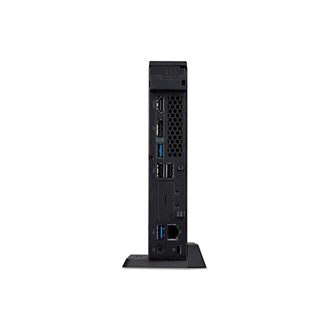 Schwarzer Mini-PC im Hochformat, zahlreiche Anschlüsse, auf einem schwarzen Ständer vor weißem Hintergrund.