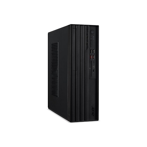 Ein schwarzer Acer Desktop-PC, auf weißem Hintergrund. Die Vorderseite zeigt USB-Anschlüsse, einen Einschaltknopf und den Acer-Schriftzug.