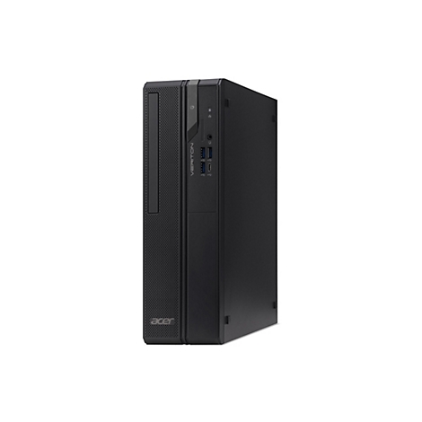 Schwarzer PC-Tower von Acer, Frontansicht auf weiÃŸem Hintergrund. Unten das Acer-Logo, oben AnschlÃ¼sse.