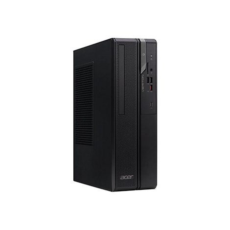 Schwarzer PC-Tower, vorne: Tasten, Anschlüsse, Logo "VERITON".