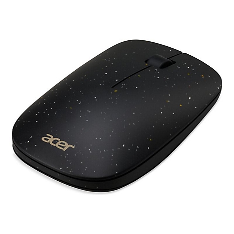 Schwarze kabellose Acer-Maus mit gesprenkeltem Design und goldenem Logo auf weißem Hintergrund.