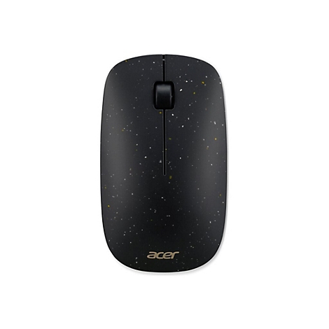 Schwarze kabellose Acer-Maus mit gesprenkeltem Muster auf weißem Hintergrund.