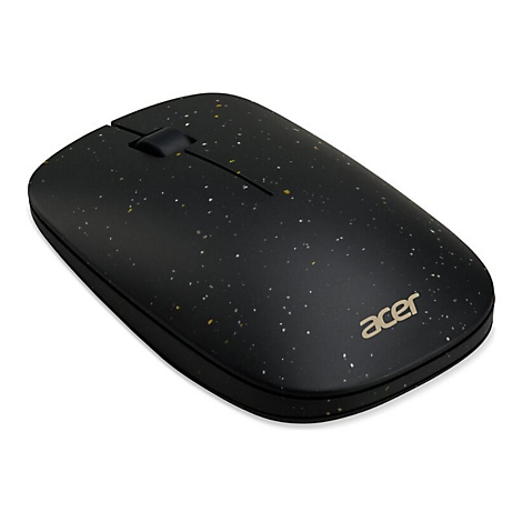 Schwarze kabellose Acer-Maus mit gesprenkeltem Design und goldenem Logo auf weißem Hintergrund.