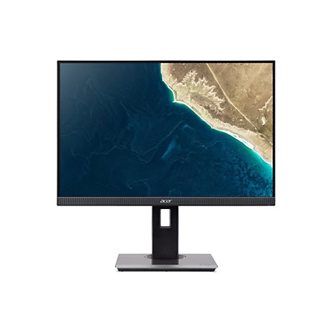 Acer Monitor mit dünnem Rahmen vor weißem Hintergrund, Display zeigt eine Luftaufnahme von Küste und Meer.