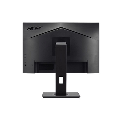 Rückseite eines schwarzen Acer-Monitors mit Standfuß vor weißem Hintergrund.