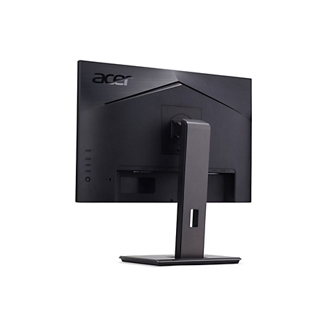 Rückseite eines schwarzen Acer-Monitors mit Standfuß vor weißem Hintergrund.