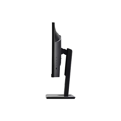 Seitliche Ansicht eines schwarzen Computerbildschirms mit Standfuß auf weißem Hintergrund.