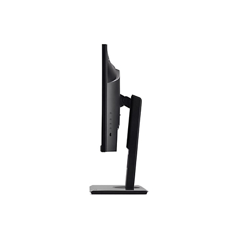 Seitliche Ansicht eines schwarzen PC-Monitors mit schmalem Rahmen auf einem stabilen, verstellbaren Standfuß.