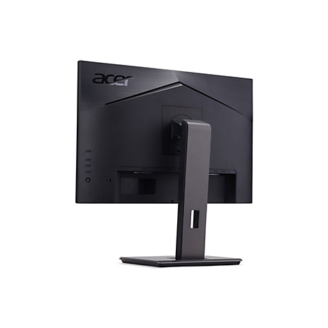 Rückseite eines schwarzen Acer-Computermonitors mit Standfuß vor weißem Hintergrund.