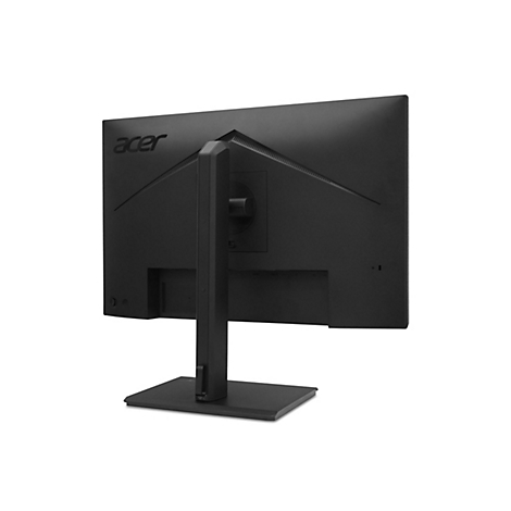 Rückseite eines schwarzen Acer-Monitors mit Standfuß auf weißem Hintergrund.