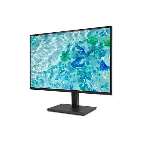 Schwarzer Acer-Monitor vor weißem Hintergrund mit einem Bild von blau-grünen Glasstücken im Wasser auf dem Display.