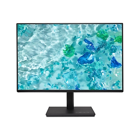 Acer Monitor mit schmalem schwarzem Rahmen und Standfuß vor weißem Hintergrund, Anzeige zeigt abstraktes Wasser-Design.