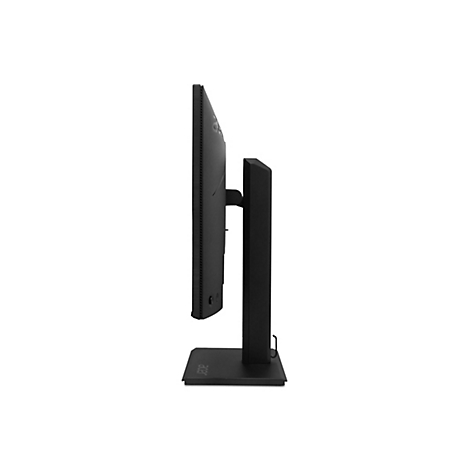 Seitliche Ansicht eines schwarzen Acer-Monitors auf einem quadratischen Standfuß vor weißem Hintergrund.