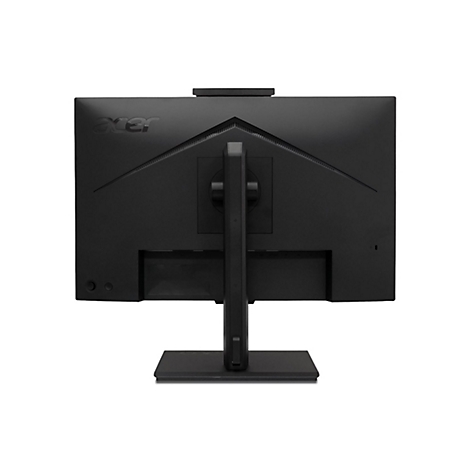 Rückseite eines schwarzen Acer-Monitors mit Standfuß vor weißem Hintergrund.