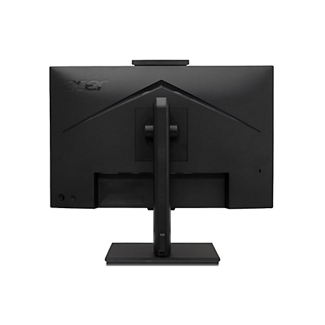 Rückseite eines schwarzen Acer-Monitors mit Standfuß vor weißem Hintergrund.