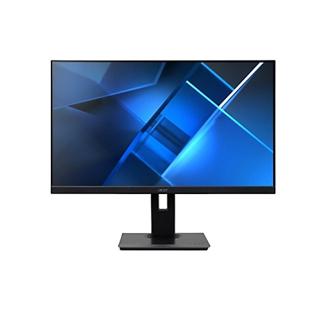 Ein schwarzer Computerbildschirm mit blauem Hintergrund. Er ist auf einem schwarzen StÃ¤nder platziert.