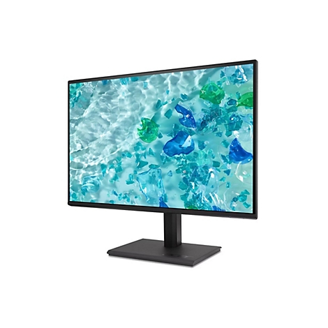 Schwarzer Acer Monitor in Perspektive vor weißem Hintergrund mit abstrakter blau-grüner Grafik auf dem Display.
