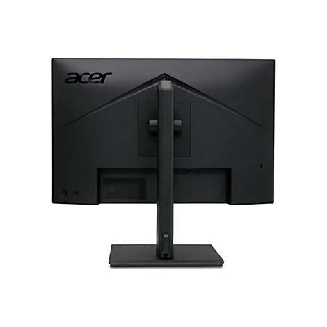 Rückseite eines schwarzen Acer-Monitors mit Standfuß auf weißem Hintergrund.