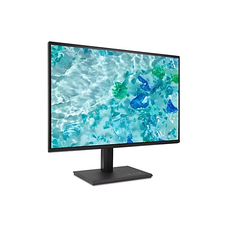 Acer Monitor auf schwarzem Standfuß vor weißem Hintergrund mit abstraktem blau-grünem Wasserhintergrund.
