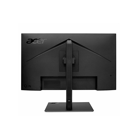 Rückansicht eines schwarzen Acer Monitors mit Standfuß vor weißem Hintergrund.