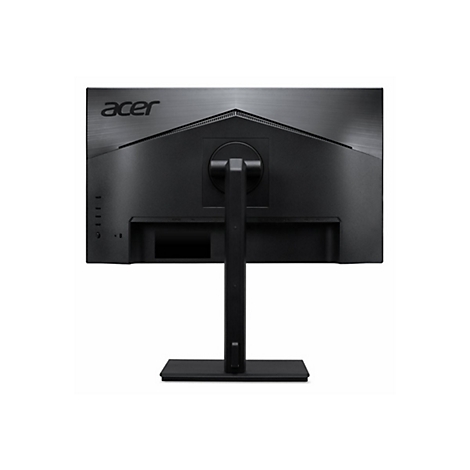 Rückseite eines schwarzen Acer-Monitors auf einem Standfuß vor weißem Hintergrund.